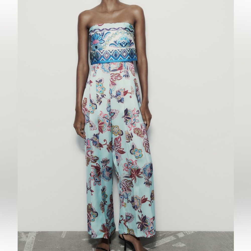 Zara strapless printer jumpsuit blue pink silky small